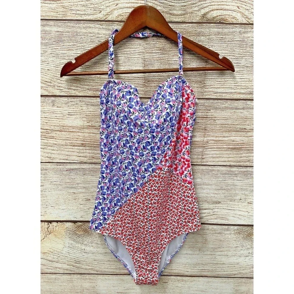 Jessica Simpson Swim Womens Size Large Floral Halter One Piece Swimsuit New $98